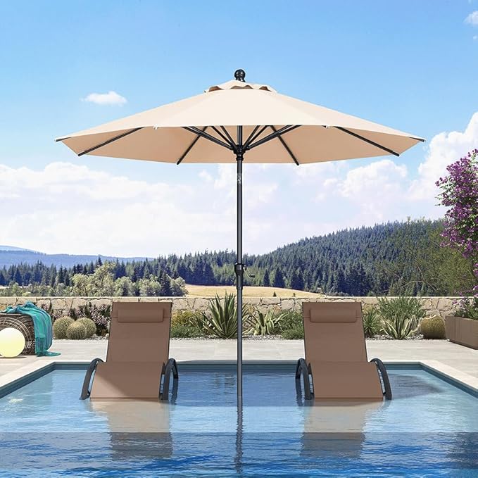 PURPLE LEAF 9' Round Patio Umbrella Outdoor Table Umbrella Aluminum Frame Market Umbrella Sun Umbrella with 8 Sturdy Ribs & Tilt for Garden Deck Lawn & Pool Beige