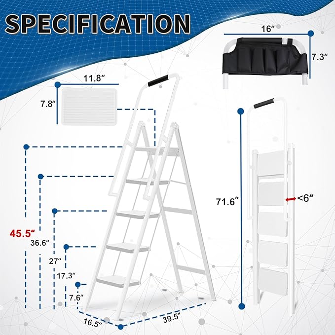 Double Elite Step Ladder 5 Step Folding with Handrails, Safer 5 Step Ladders for Home, Convenient Folding Step Stool with Tool Bag, Sturdy Indoor/Outdoor Ladder for Adults Anti-Slip Pedals, White