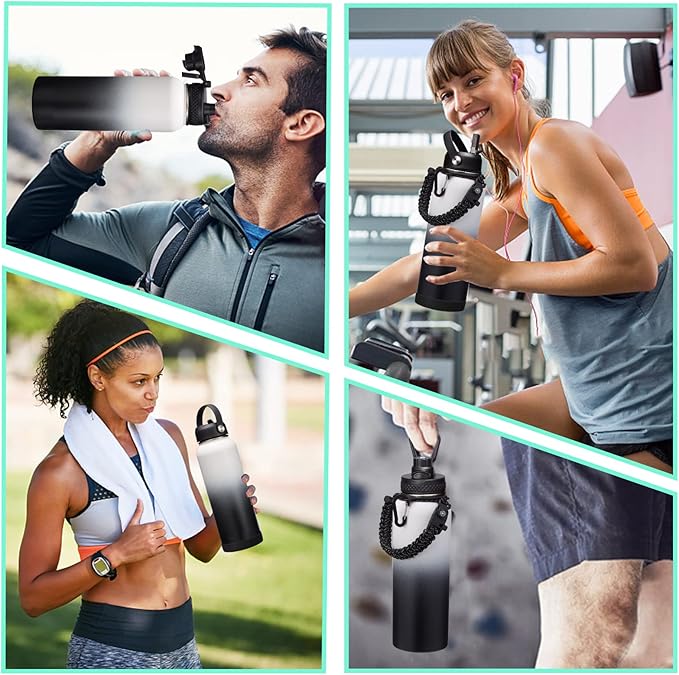 Stainless Steel Water Bottle 40oz with Straw & Auto Spout Lids, Paracord Handle, Insulated Water Bottle Carrier Bag & Bottle Protective Boot, Thermo Flask Metal Canteen Bottle Keep Cold-48H & Hot-24H