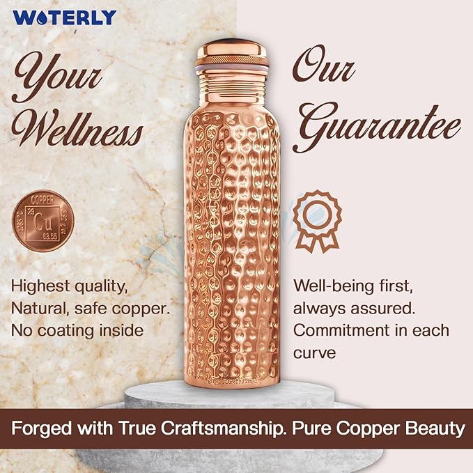 Hammered Copper Water Bottle With Set Of 2 Plain Tumbler | Premium Quality | Pure Authentic Copper Bottle (34 Oz /1000ml ) With Set 2 Copper Tumblers For Drinking
