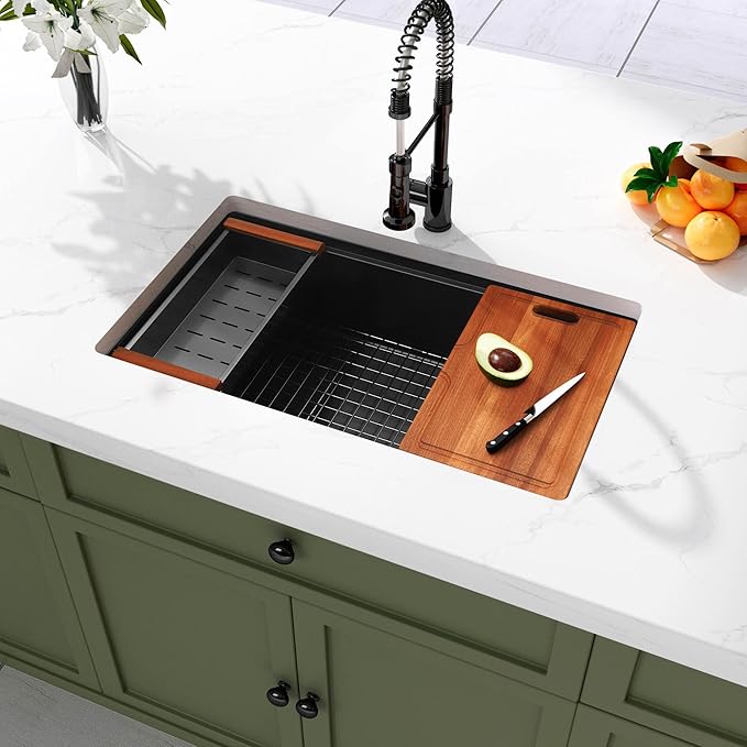 Black Undermount Kitchen Sink,16 Gauge Stainless Steel Sinks,Single Bowl Workstation Sink,Modern Kitchen Sink Offset Drain (33" X 18")