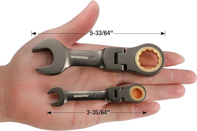 WORKPRO 8 Piece Flex Head Stubby Ratcheting Combination Wrench Set, SAE 5/16-3/4 in, 72-Teeth, CRV, Nickel Plating with Rolling Pouch