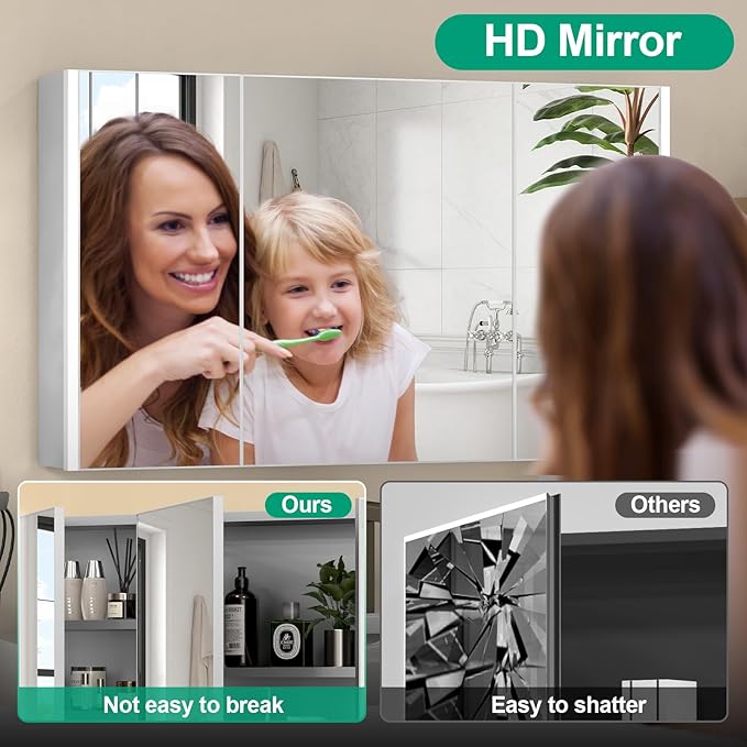 40x24 Inch Medicine Cabinet with Light, AL Alloy Frame, Full-Assembled Bathroom Mirror Cabinet with Brightness Adjustable and Storage Shelves, Led Medicine Cabinet with Recessed or Wall Mount,Sliver