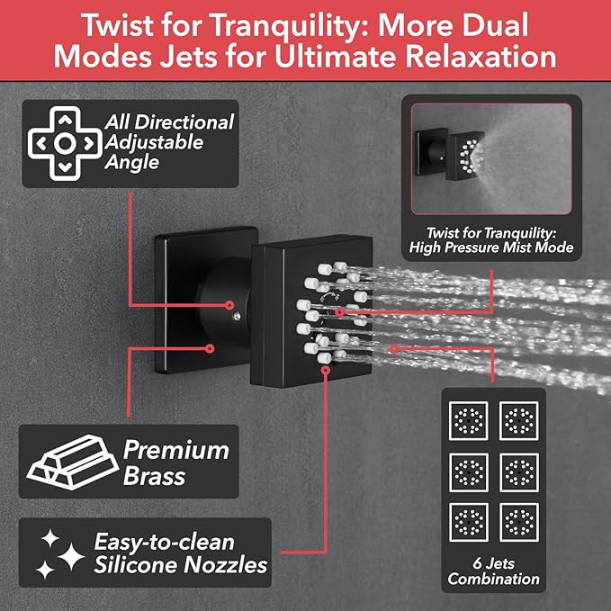 VANFOXLE Shower Faucet Set Matte Black Shower System,Three Modes Shower Faucet with 2 in 1 Handheld,Wall Mount 10 Inch Shower Head with 6 PCS Dual Modes Body Jets
