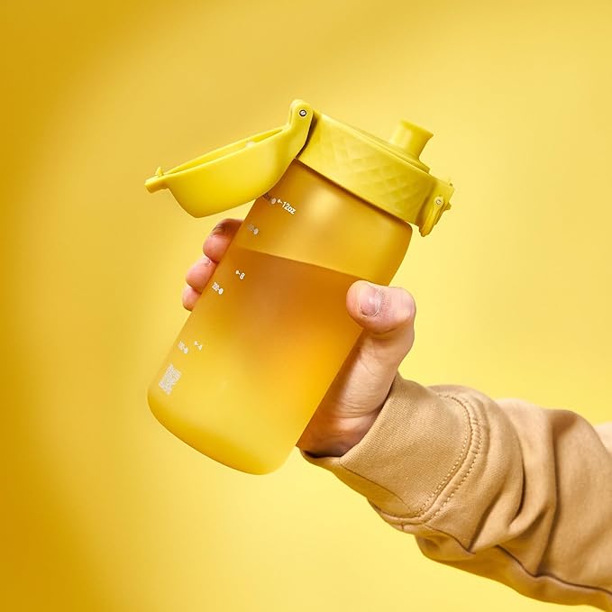 Ion8 Small Water Bottle, 350 ml/12 oz, Leak Proof, Easy to Open, Secure Lock, Dishwasher Safe, BPA Free, Carry Handle, Hygienic Flip Cover, Easy Clean, Odor Free, Carbon Neutral, Sunset Yellow