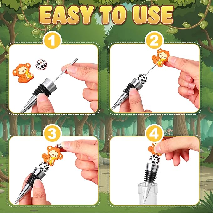 Gisafai 180 Pcs Beadable Wine Stoppers Bulk Include Beadable Bottle Stoppers Silicone Reusable Wine Saver Corks with Bags Labels Ropes for Baby Shower Gifts DIY Safari Jungle Animal Party Bar