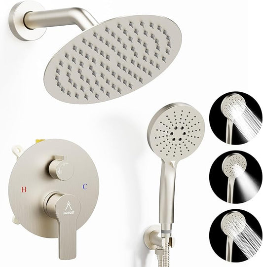 Shower Faucet Set 8IN Brass Rough-In Valve Body Trim Kit Rainfall Included Handle Accessories Complete 2 Functions with Rain Head and Handheld Bathroom Systems (8'', Brushed Nickel)