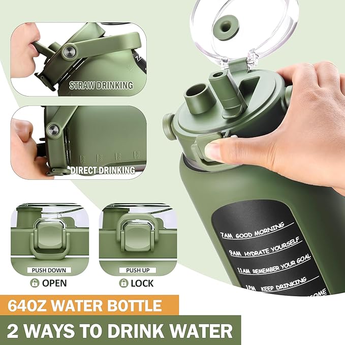 BLUEGO 64oz Insulated Water Bottle with Straw and Handle Leakproof Half Gallon Wide Mouth Motivational Water Bottle, 2-IN-1 Straw Spout Lid Stainless Steel Water Jug for Sport Travel Gym-Oliver