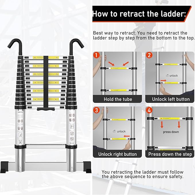 Telescoping Ladder with Hooks 9.5 FT - Aluminum Telescopic Ladder with Stabilizer - Retractable Extension Ladders for Home Loft Roof RV Work with EN131 Certification - 330lbs Max Capacity