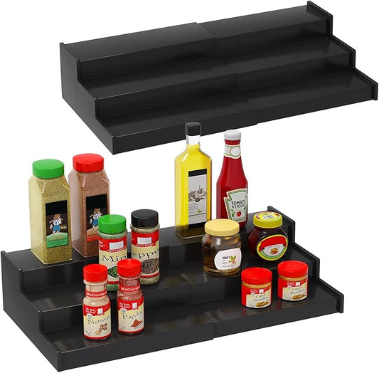 Spice Rack Organizer for Cabinet 2Pack, 3 Tier Expandable Bamboo Spice Storage, Great for Kitchen Cabinet, Cupboard,Pantry and More(Black)