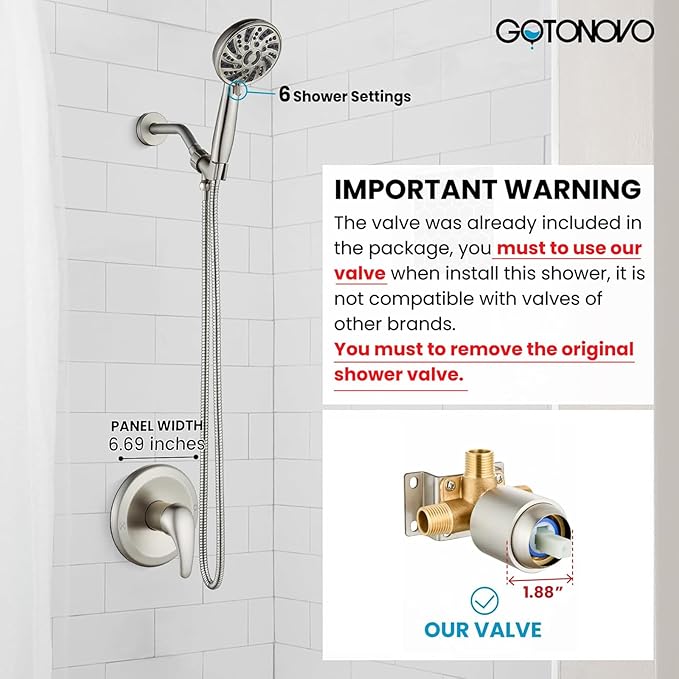 gotonovo Single-Handle Shower Faucet Set Shower Kit with Valve Shower Head and Handle Set Shower Trim Kit with 6 Modes ABS Handheld Shower Fixtures Shower Valve and Trim Kit Brushed Nickel