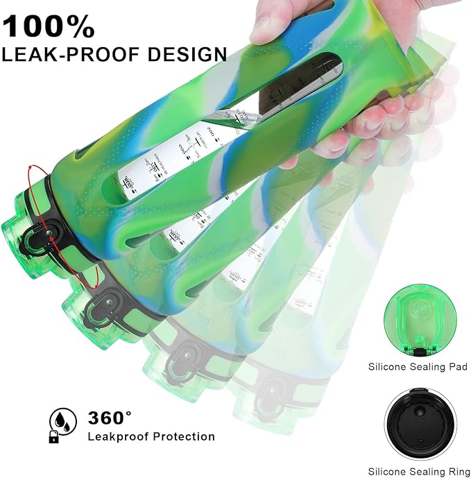 GOPPUS Glass Water Bottles with Straw and Flip Lid, Motivational Water Bottles with Time Marker Reminder and Silicone Sleeve, Leakproof, BPA Free (32 oz, Green Blue and White)