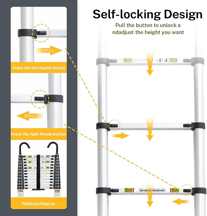 Telescopic Ladder, 16.5FT Aluminum Telescoping Ladder with Stable Hook and Non-Slip Feet, RIKADE Portable Extension Ladder for Household and Outdoor Working, 330lb Capacity