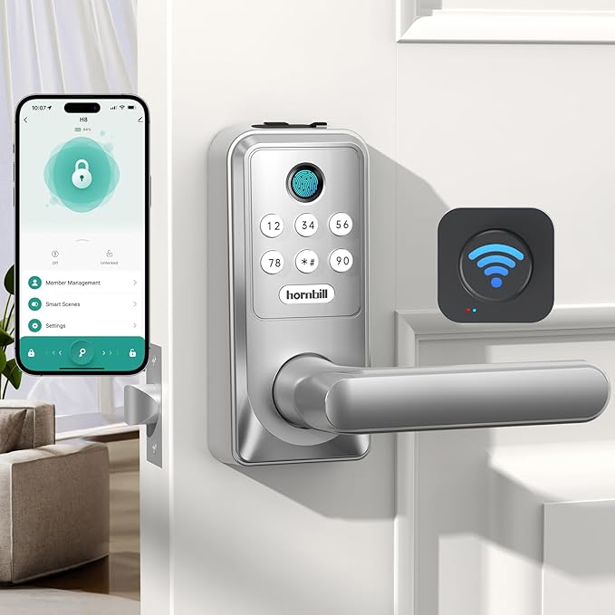 Smart WiFi Door Lock with Handle: Hornbill Keyless Entry with Remote Unlock Code Keypad Fingerprint Auto Lock - Electronic Bluetooth Digital Lever Front Interior Door Lock