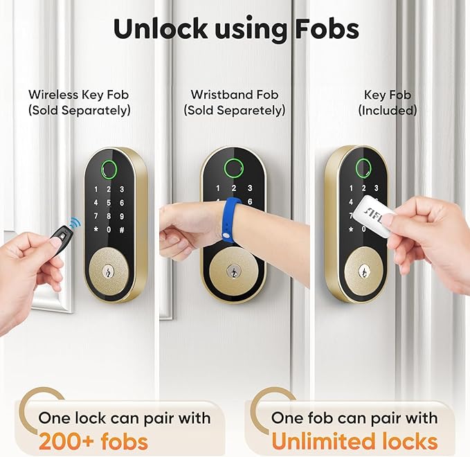 Keyless Entry Fingerprint Deadbolt Smart Lock: Digital Front Door Keypad with App Control, Electronic/Electric Deadbolt with Fingerprint & Code Access, Auto Locking, Easy to Install (Bright Brass)