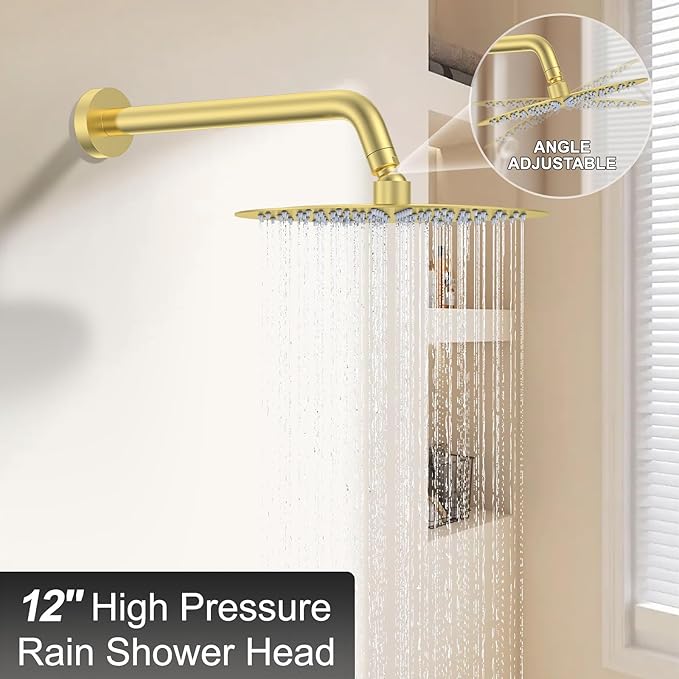 12 Inch Brushed Gold Shower System - High Pressure Rain Shower Head, Handheld Showerhead, and Wall Mounted Faucet Set