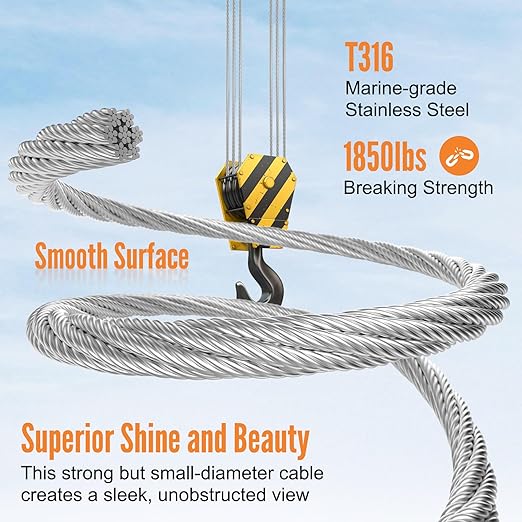 BLIKA 1000FT 1/8" Stainless Steel Cable with Cutter, T316 Marine Grade, Stainless Steel Wire Rope 7x7 Strand Construction, 1850lbs Breaking Strength Aircraft Cable for Deck Cable Railing, Silver