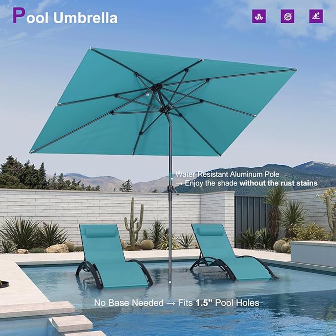 PURPLE LEAF 9' x 6' Rectangular Patio Umbrella Outdoor Table Umbrella Aluminum Frame Market Umbrella Sun Umbrella with 8 Sturdy Ribs Tilt for Garden Deck Lawn Pool Turquoise Blue