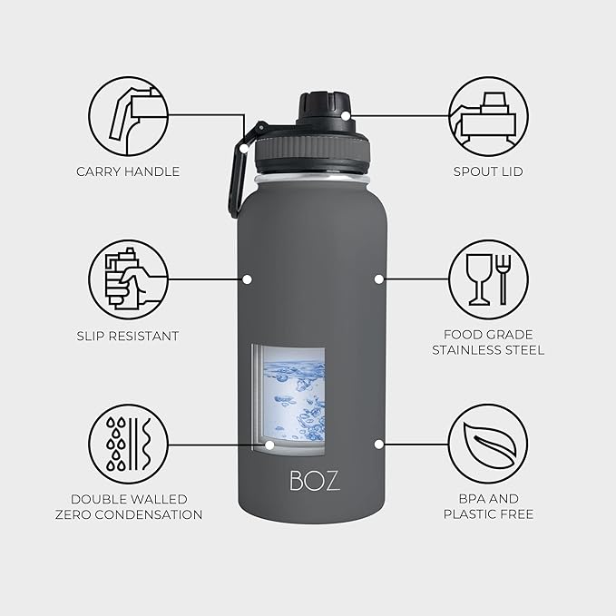 BOZ Stainless Steel Water Bottle - Vaccum Insulated Water Bottle 32 Oz - Wide Mouth BPA Free Sport Water Bottle for Gym with Spout Lid - Thermal Hot & Cold 1 Litre Gray Water Bottle