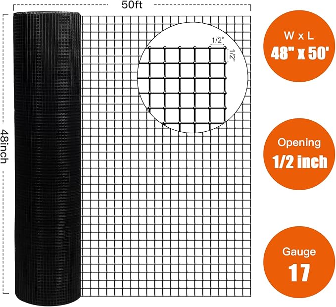 48" x 50' 1/2inch Hardware Cloth, Black Vinyl Coated Chicken Wire Fence Galvanized Welded Mesh Roll for Home Garden Rabbit Cage
