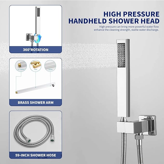 BWE 12 Inch Square Bathroom Luxury Rain Mixer Shower Combo Set Wall Mounted 2-Functions Rainfall Shower Head System Polished Chrome Shower Faucet Rough-in Valve Body and Trim Included