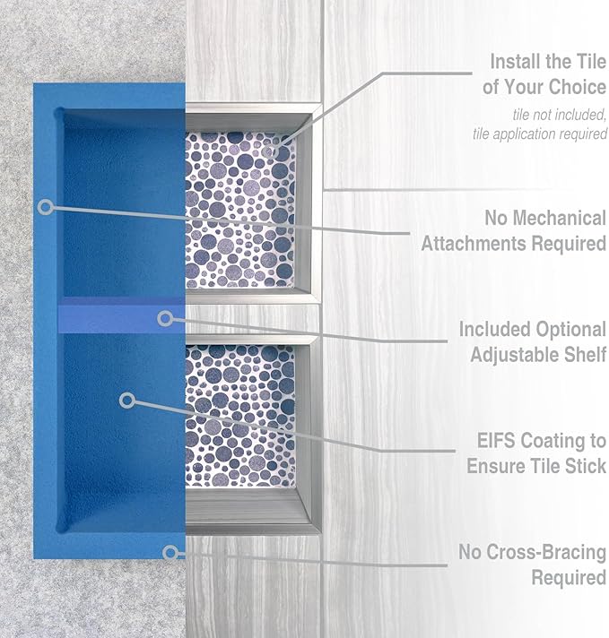 Noble Pre-Formed Rectangular Shower Niche 314 12"x20" with Adjustable Shelf Easy Install Water-Resistant Bathroom Storage Shelf Modern Design for Shower Essentials Durable and Stylish Organizer