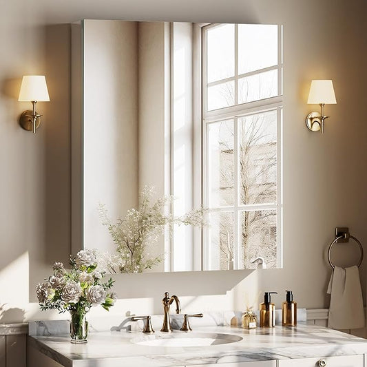 Bathroom Medicine Cabinet with Mirror, 20 Inch x 24 Inch Bathroom Mirror Cabinet with Single Door & Adjustable Shelves, Surface Mount or Recess Installation