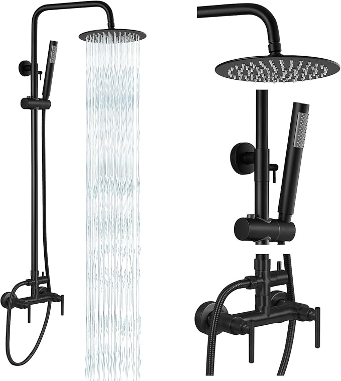 gotonovo Outdoor Shower Fixtures SUS304 Stainless Steel Rain Shower Kit Faucet High Pressure Wall Mount 2 Dual Function 8 Inch Showerhead and Handheld Spray Combo, Double Lever Handle, Matte Black