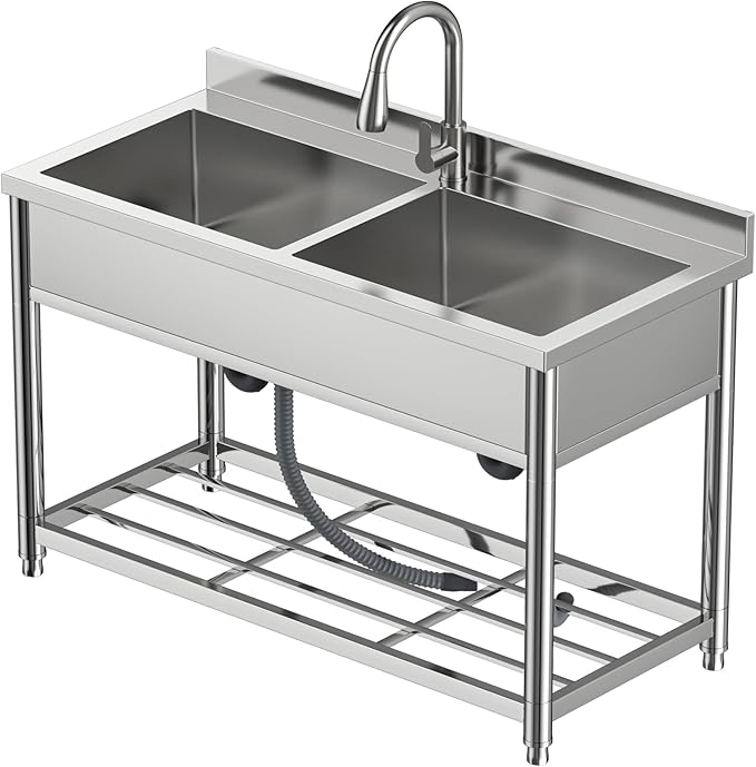 2-Compartment Commercial Sink, Stainless Steel Utility Sink with Pull-out Faucet, Free Standing Double Bowl Kitchen Sink for Restaurant, Garage, Shop, Cafe, Outoor, 21.7"D x 47.2"W x 37"H