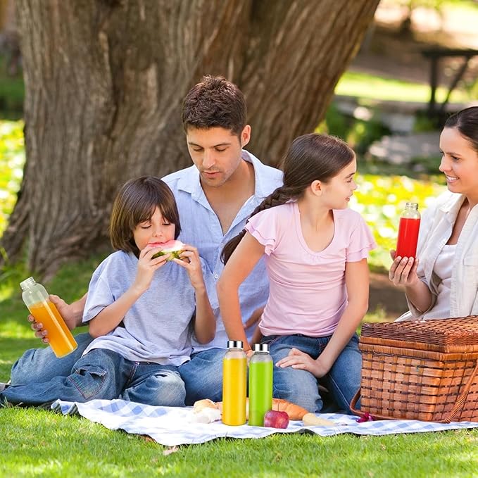 Clear Glass Water Bottles with Silicone Sleeve and Lids 18 oz, Reusable Glass Juice Bottles with Stainless Steel Airtight Cap for Juicing, Leak Proof Drinking Bottles, BPA Free, Set of 3, OPR