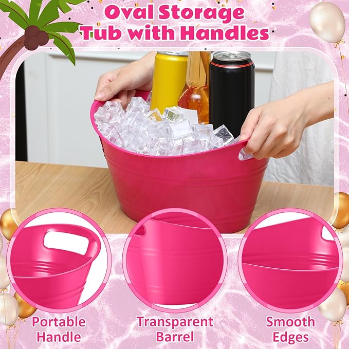 Norme 24 Pcs Oval Storage Tub with Handles, 4.5L Plastic Ice Bucket Wine Beer Champagne Bottle Drink Cooler Tub for Parties Beverage, Storage Basket (Rose Red)