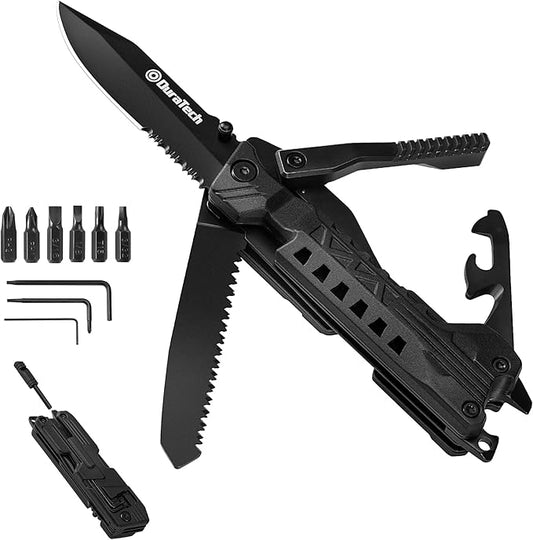 DURATECH 20 in 1 Multitool with Safety Locking, Pocket Tool with Pocket Knife, Screwdriver, Saw, Can Opener, Bottle Opener, Whistle, Fire Starting Sticks, Multi Tool for Outdoor, Hunting, Hiking