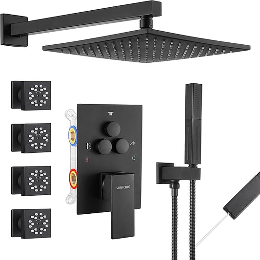 VANFOXLE Shower Faucet Set Matte Black Shower System,Three Modes Shower Faucet with 2 in 1 Handheld,Wall Mount 10 Inch Shower Head with 4 PCS Dual Modes Body Jets