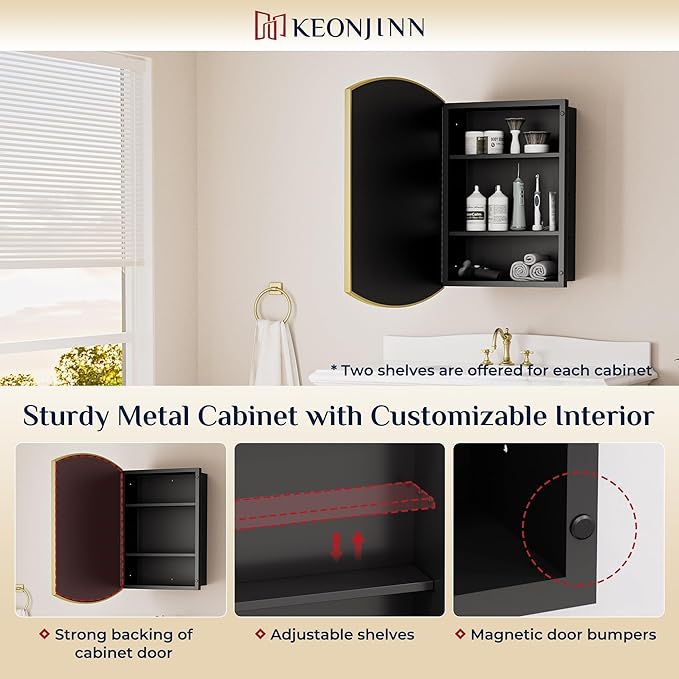 Keonjinn Medicine Cabinet 16 x 26 Inch, Surface Mount or Recessed Cabinets with Mirrors, Gold Metal Framed Wall Mirror with Storage, 2 Adjustable Shelves, Beveled Edge Frame