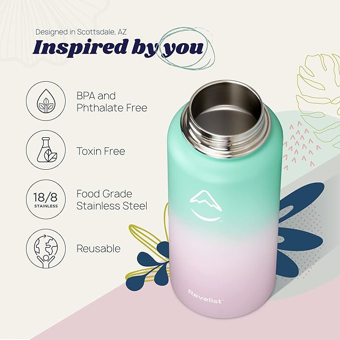 Revelist 32oz Water Bottle - 32 Oz, 3 Lids (Straw Lid, Spout & Screw Top) with Non-Slip Boot, Vacuum Insulated Stainless Steel, Double Walled, Coral Reef (Light Green/Light Pink)