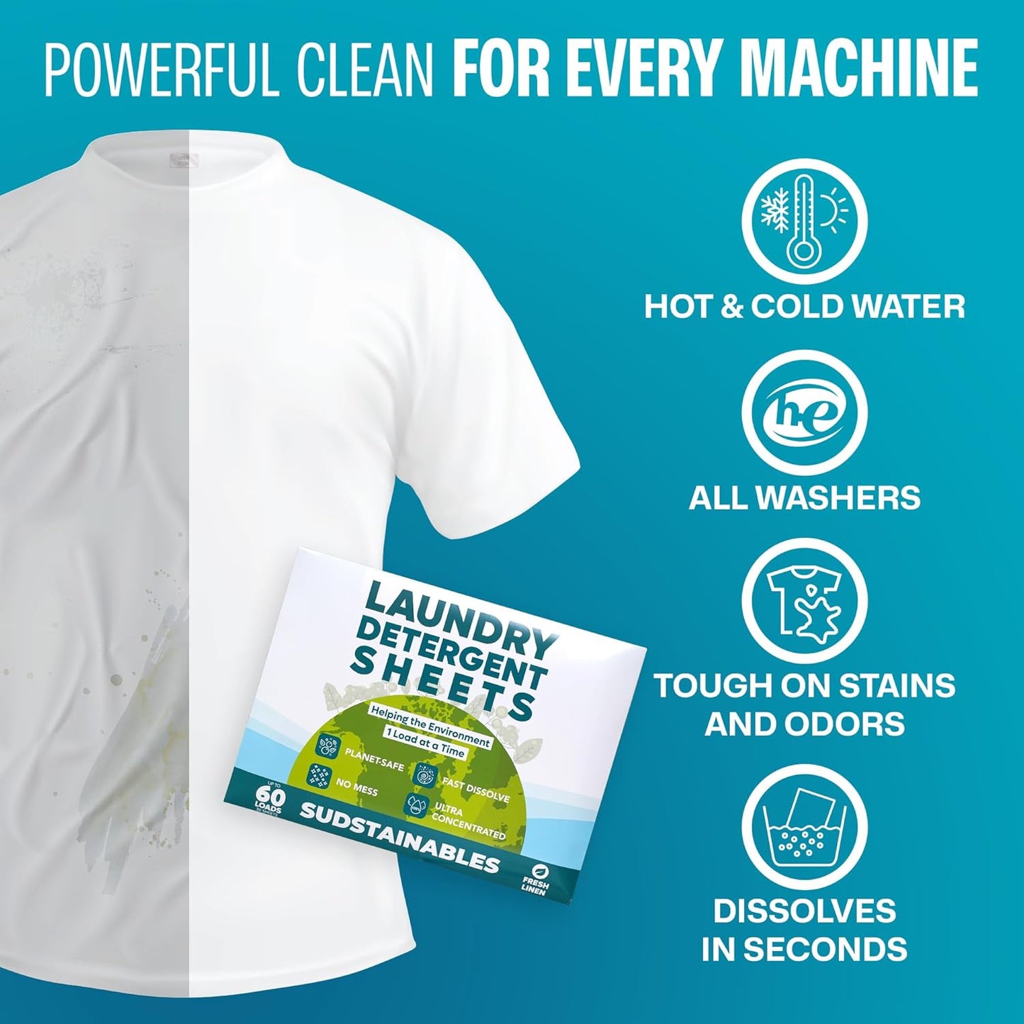 Sudstainables Laundry Detergent Sheets (60 Loads) – Eco-Friendly, Zero Waste, Plastic-Free Laundry Washing Machines Soap Sheets; Dissolvable, Space-Saving Strips for Travel (Fresh Linen)