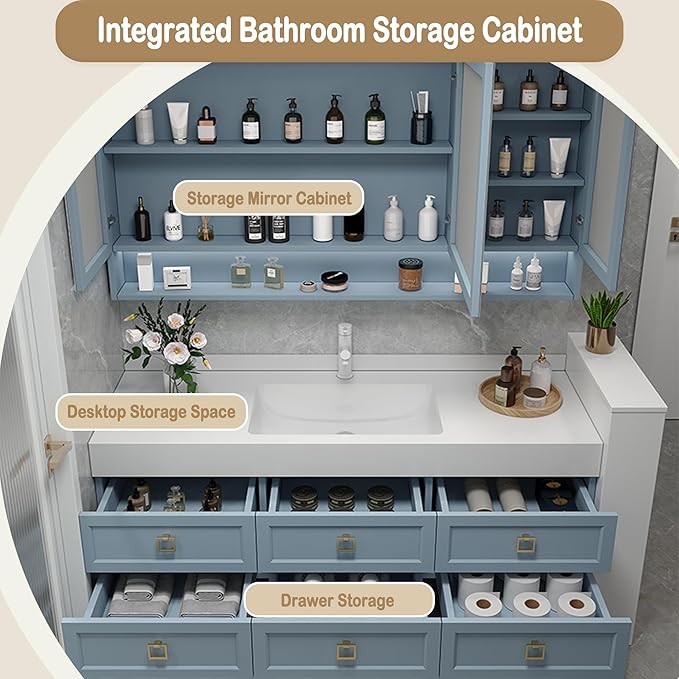 36IN Floating Bathroom Vanity - Bathroom Vanity with Sink with 6 Drawers & Multifunctional LED Mirror Cabinet | Textured Metal Handles & Large Storage Capacity & Waterproof Design, Blue