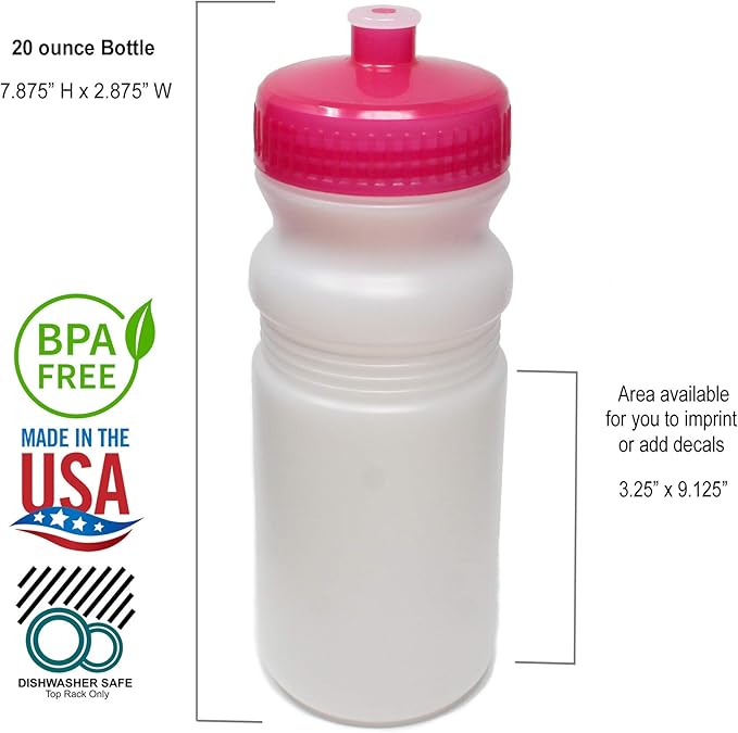 Rolling Sands 20 Ounce Sports Water Bottles 6 Pack, BPA-Free, Made In USA, Dishwasher Safe, Clear Frost Bottles/Pink