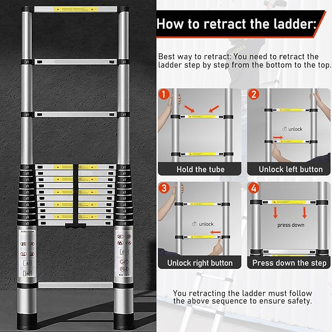 Telescoping Ladder 8.5 FT - Aluminum Telescopic Ladder with Non-Slip Feet - Portable Collapsible Extension Ladders for Home Roof Loft RV Work with EN131 Certified - 330lbs Max Capacity