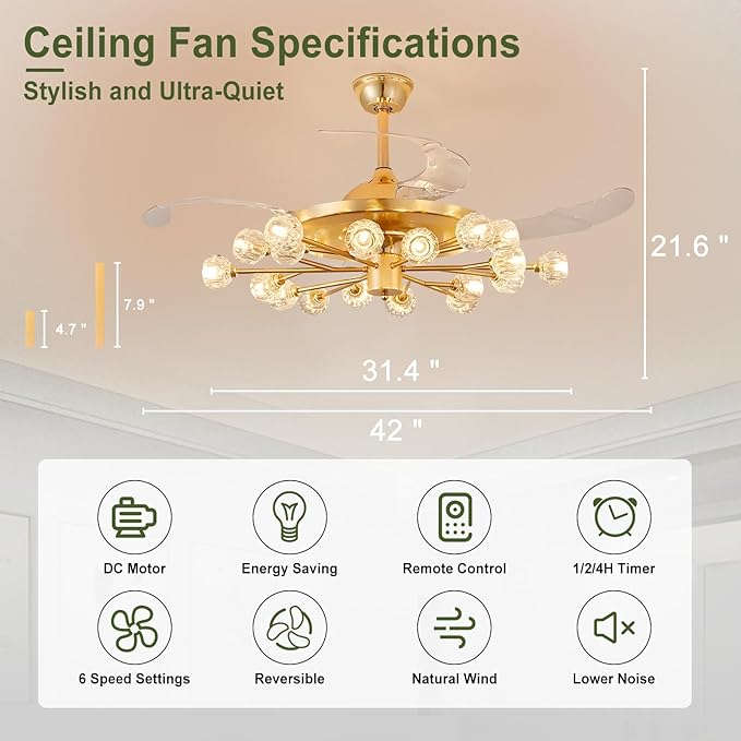 Sputnik Crystal Ceiling Fan Chandelier: 42" Gold Fandelier Ceiling Fans with 18 Lights and Remote Modern - Retractable Fandelier Ceiling Light for Living Dining Room Kitchen Bedroom