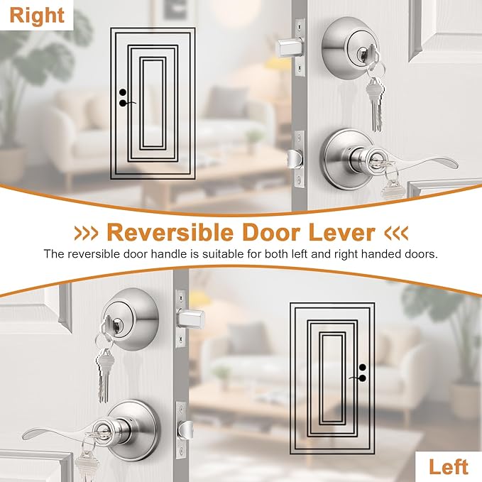 Probrico 5 Sets-Keyed Alike Entry Door Levers with Single Cylinder Deadbolts, Keyed Handleset for Front Door Exterior and Interior Hardware, Entry Lockset Lever Set Satin Nickel, Contractor Pack