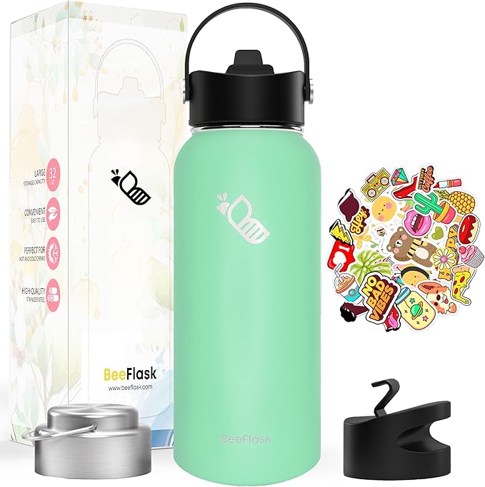 Sports Water Bottle - 32 Oz, 3 Lids (With straw), 50 Cute Stickers, Vacuum Insulated, 308 Stainless Steel, with a Portion of Sales Supporting Bee Conservation Efforts (Mint Green)
