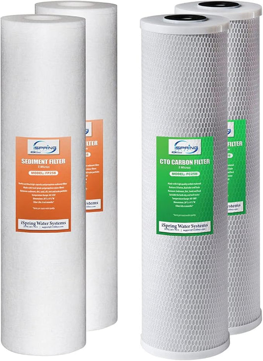 iSpring F4WGB22B 4.5” x 20” 2-Stage Whole House Water Filter Replacement Pack Set with Sediment and Carbon Block Cartridges, Fits WGB22B, White