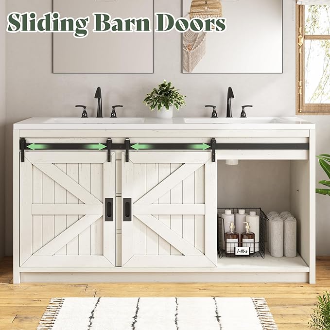 60" Farmhouse Sliding Barn Door Double Vanity with Sink Combo, Freestanding Bathroom Vanity Cabinet with Drawers & Metal Handles, Distressed White