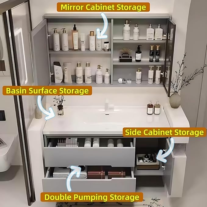 40in Elegant Bathroom Vanity with Sinks - Wall-Mounted Cream Medicine Cabinet for Bathroom, Featuring an Intelligent Defogging Mirror & LED Lighting | 2 Drawers