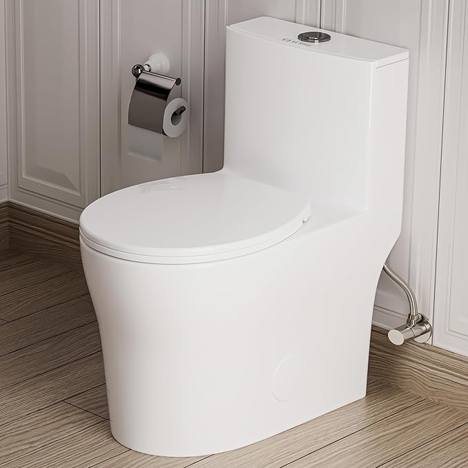 24'' Depth Compact One Piece Toilet, Quiet Dual & Powerful Flush Small Toilet for Small Bathroom, Space Saving Toilet with Soft Close Seat, 12'' Rough-in