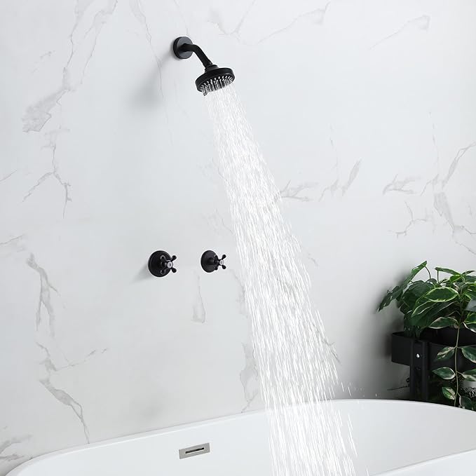2 Handle Shower Faucet and 5 Mode Shower Head, Matte Black Two Handle Shower Faucet Bathroom Shower Trim Kit with Rough-in Valve, BY2H002