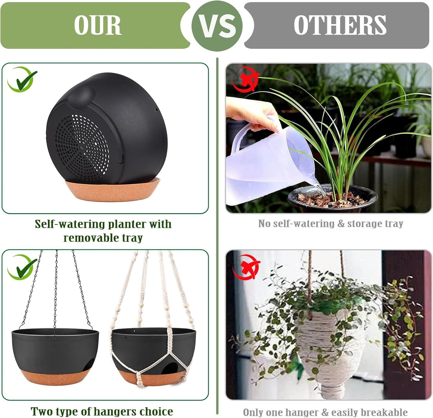 Hanging Planters for Outdoor Indoor Plants, 2 Pack 12 Inch Hanging Basket Plants Outdoor, Self Watering Hanging Planter with Plant Hanger for Garden Home Decoration (2 Type Plant Hangers Black)