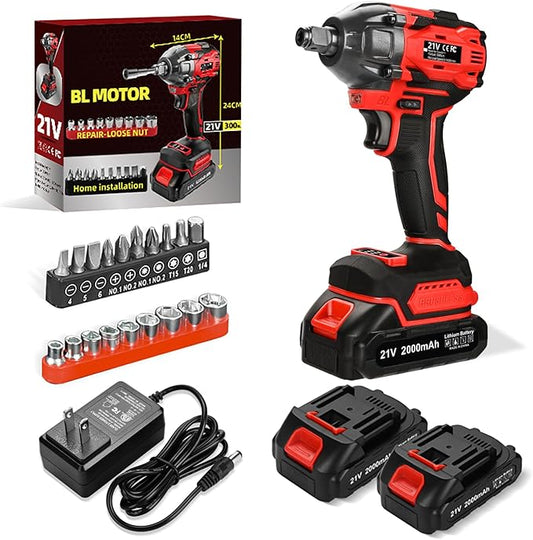 300N.m Cordless Impact Wrench, 21V Torque Power Impact Driver, 1/2" Brushless Impact Gun with 2*2.0Ah Batteries with 19 Accessories, Electric Impact Motor Variable Speeds for home installation (red)