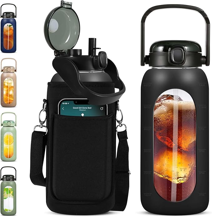 Glass Water Bottles 64 oz - Half Gallon Water Bottle with Straw Phone Holder Handle Time Marker and Silicone Sleeve, Large Motivational Water Jug with Carrier Bag for Daily Intake Gym Black